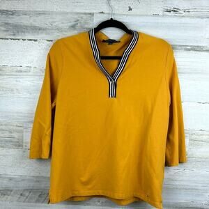 Tommy Hilfiger womens large 3/4 length gold cotton v neck blouse top casual